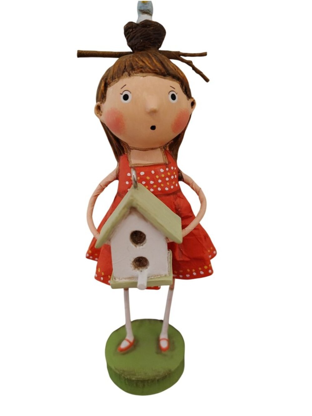 Lori Mitchell Birdy's House Girl Figurine Nest on Head Birdhouse Spring, 7"